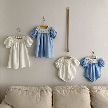 Baby Lace Square Neck Linen Romper (3 - 18m) - 2 Colors kids outfit