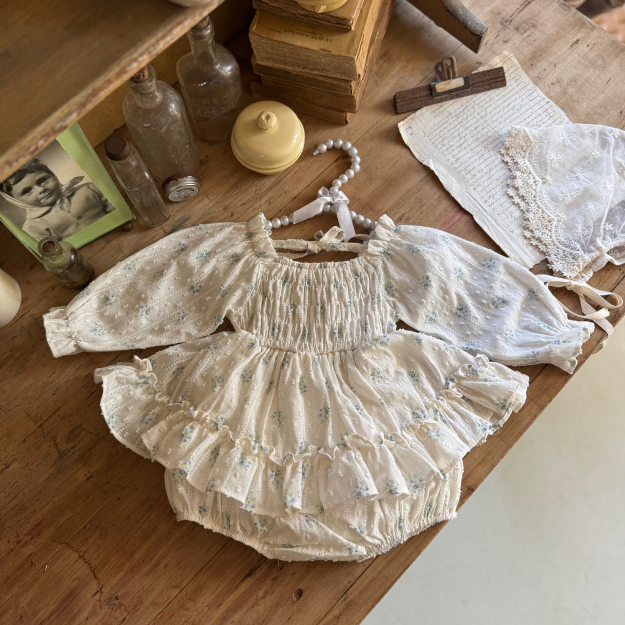 Baby Marron SP26 Floral Puff Sleeve Smocked Bodice Dress Romper (3 - 23m) - Blue Floral - AT NOON STORE
