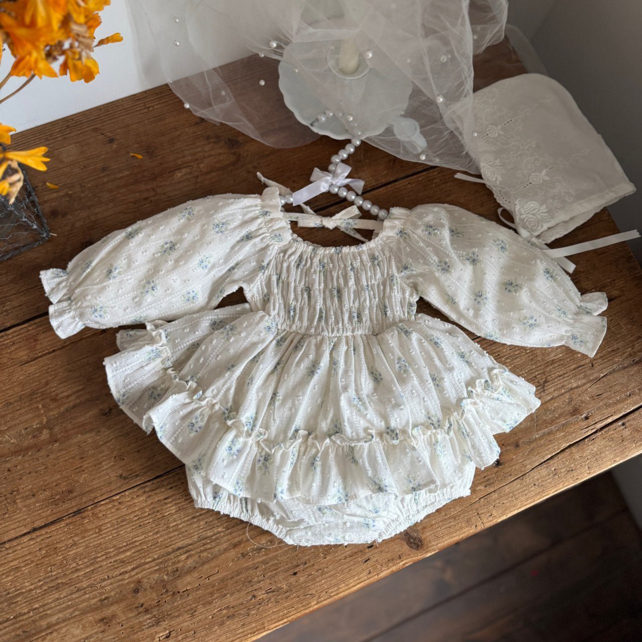Baby Marron SP26 Floral Puff Sleeve Smocked Bodice Dress Romper (3 - 23m) - Blue Floral - AT NOON STORE