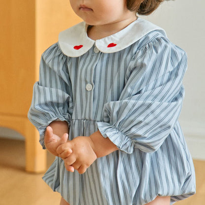 Baby Milk F25 Heart Embroidery Collar Stripe Bubble Romper (3 - 18m) - Blue kids outfit