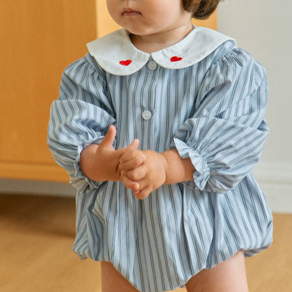 Baby Milk F25 Heart Embroidery Collar Stripe Bubble Romper (3 - 18m) - Blue kids outfit