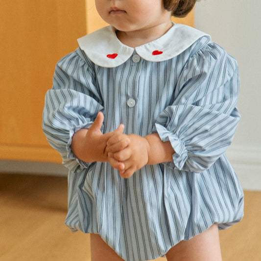 Baby Milk F25 Heart Embroidery Collar Stripe Bubble Romper (3 - 18m) - Blue kids outfit
