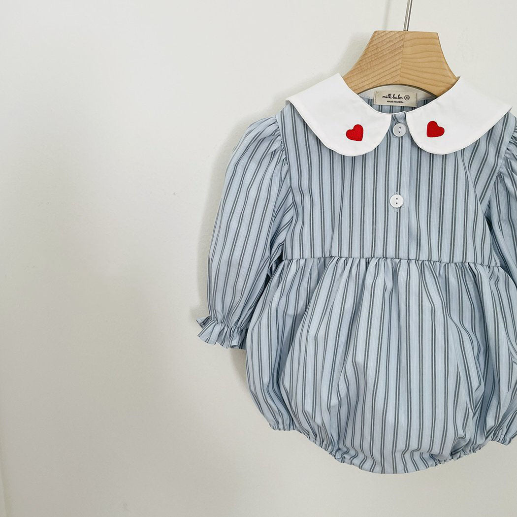 Baby Milk F25 Heart Embroidery Collar Stripe Bubble Romper (3 - 18m) - Blue kids outfit
