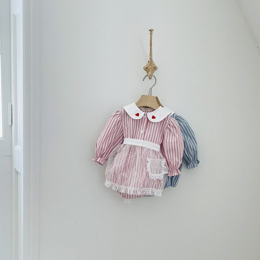 Baby Milk F25 Heart Embroidery Collar Stripe Bubble Romper (3 - 18m) - Blue kids outfit