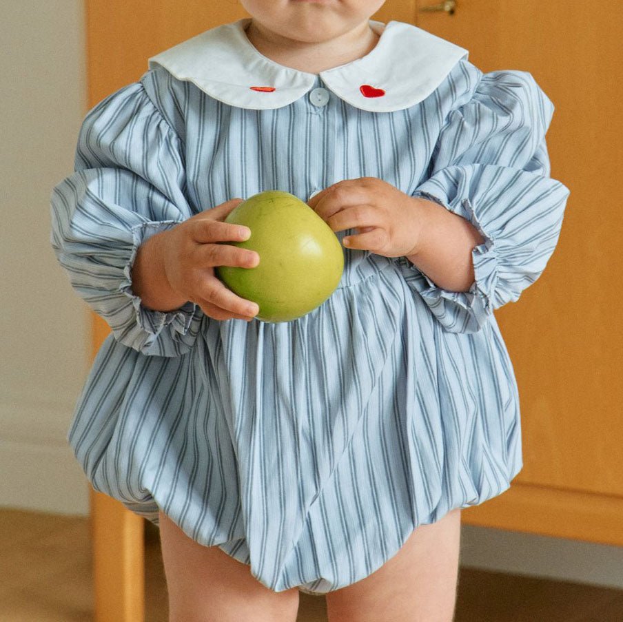 Baby Milk F25 Heart Embroidery Collar Stripe Bubble Romper (3 - 18m) - Blue kids outfit