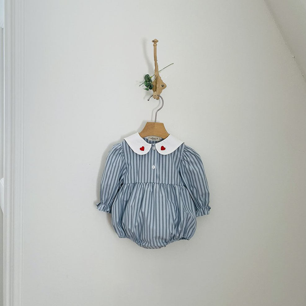 Baby Milk F25 Heart Embroidery Collar Stripe Bubble Romper (3 - 18m) - Blue kids outfit