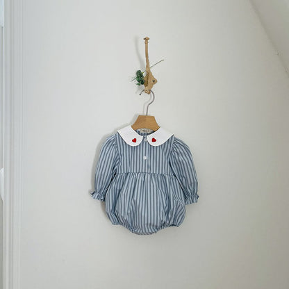 Baby Milk F25 Heart Embroidery Collar Stripe Bubble Romper (3 - 18m) - Blue kids outfit