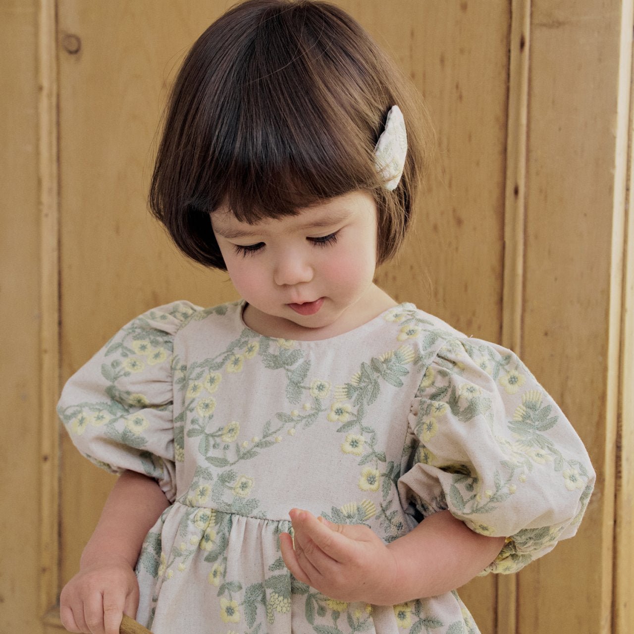 Baby Milk SP26 Floral Embroidery Puff Sleeve Bubble Romper (3 - 18m) - Beige - AT NOON STORE