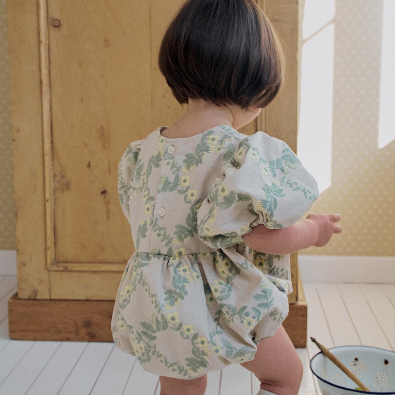 Baby Milk SP26 Floral Embroidery Puff Sleeve Bubble Romper (3 - 18m) - Beige - AT NOON STORE