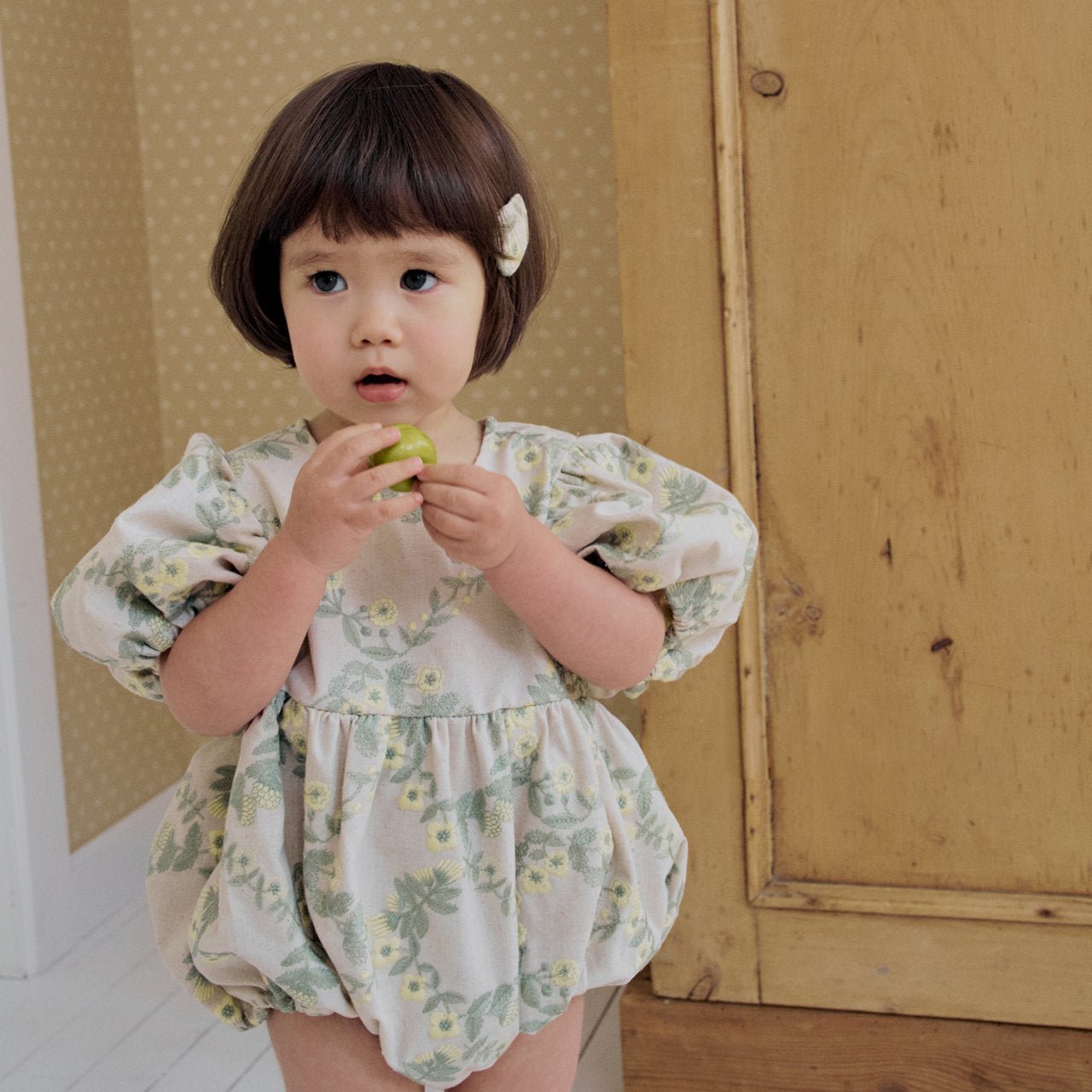 Baby Milk SP26 Floral Embroidery Puff Sleeve Bubble Romper (3 - 18m) - Beige - AT NOON STORE