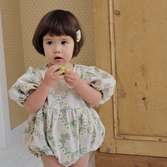 Baby Milk SP26 Floral Embroidery Puff Sleeve Bubble Romper (3 - 18m) - Beige - AT NOON STORE