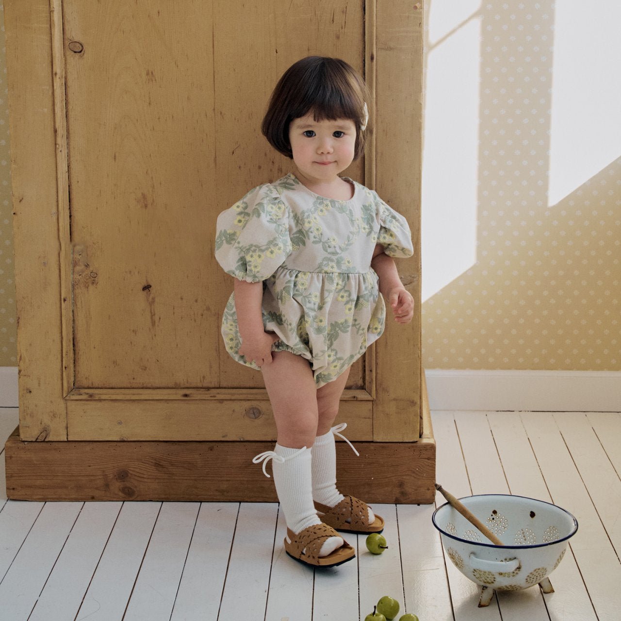 Baby Milk SP26 Floral Embroidery Puff Sleeve Bubble Romper (3 - 18m) - Beige - AT NOON STORE