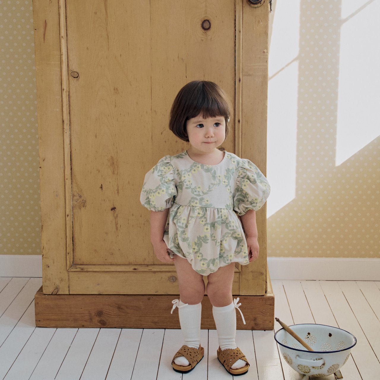 Baby Milk SP26 Floral Embroidery Puff Sleeve Bubble Romper (3 - 18m) - Beige - AT NOON STORE