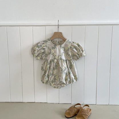 Baby Milk SP26 Floral Embroidery Puff Sleeve Bubble Romper (3 - 18m) - Beige - AT NOON STORE