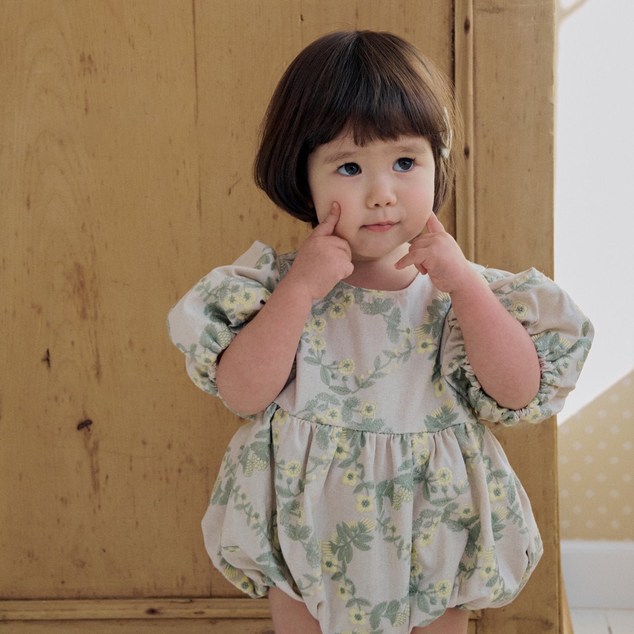 Baby Milk SP26 Floral Embroidery Puff Sleeve Bubble Romper (3 - 18m) - Beige - AT NOON STORE