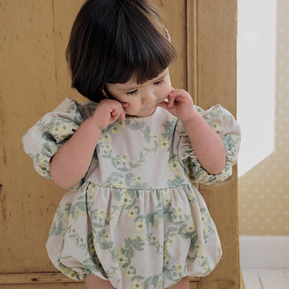 Baby Milk SP26 Floral Embroidery Puff Sleeve Bubble Romper (3 - 18m) - Beige - AT NOON STORE