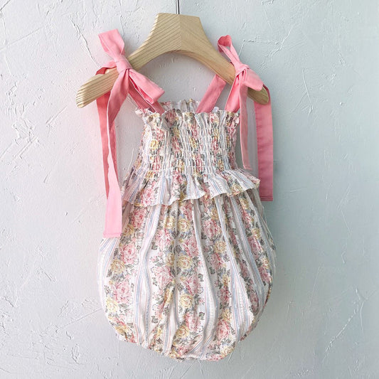 Baby Milk SS25 Tie Shoulder Smocked Bodice Romper (3 - 18m) - Floral kids outfit