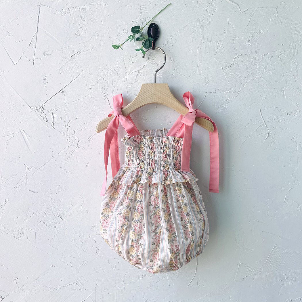 Baby Milk SS25 Tie Shoulder Smocked Bodice Romper (3 - 18m) - Floral kids outfit