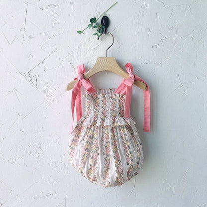 Baby Milk SS25 Tie Shoulder Smocked Bodice Romper (3 - 18m) - Floral kids outfit
