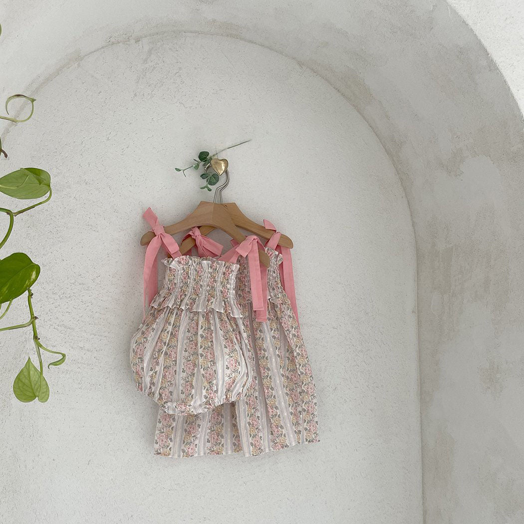 Baby Milk SS25 Tie Shoulder Smocked Bodice Romper (3 - 18m) - Floral kids outfit