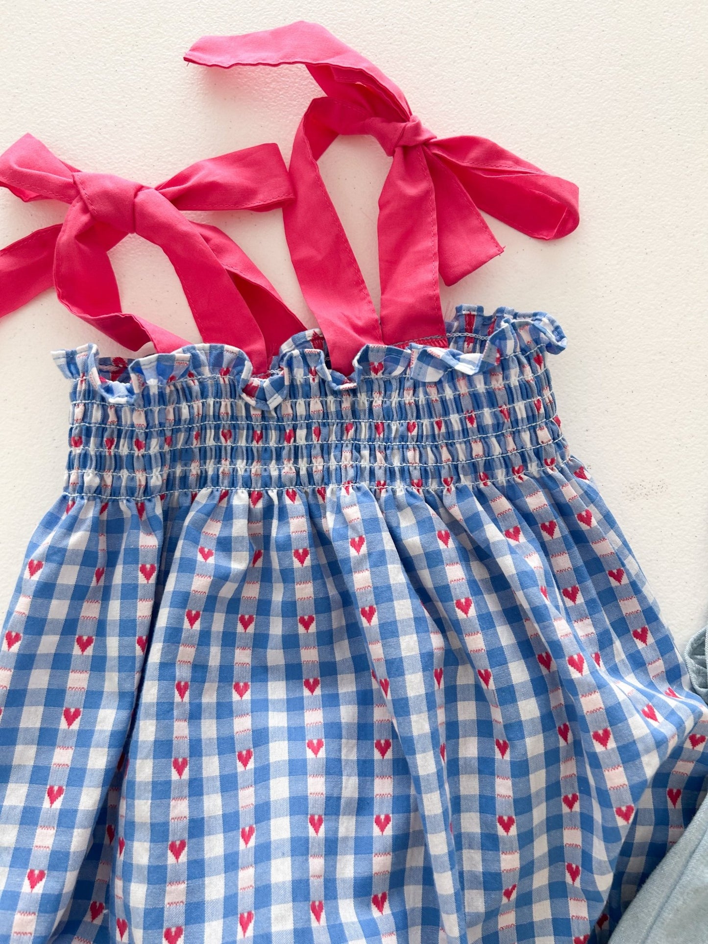 Baby Milk SS26 Heart Gingham Smocked Bodice Tie Shoulder Bubble Romper (3-18m) - Blue kids outfit