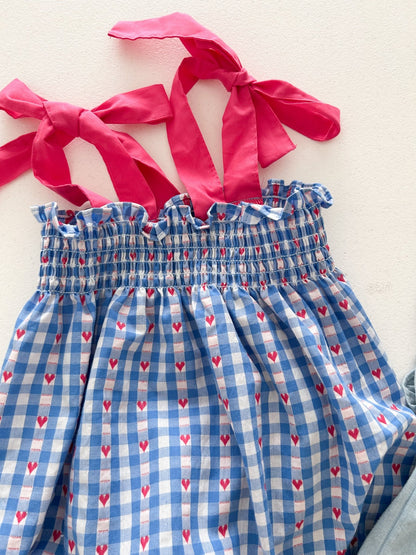Baby Milk SS26 Heart Gingham Smocked Bodice Tie Shoulder Bubble Romper (3-18m) - Blue kids outfit