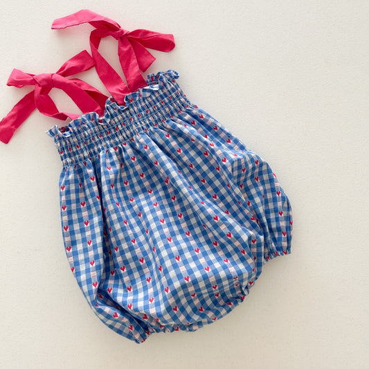 Baby Milk SS26 Heart Gingham Smocked Bodice Tie Shoulder Bubble Romper (3-18m) - Blue kids outfit