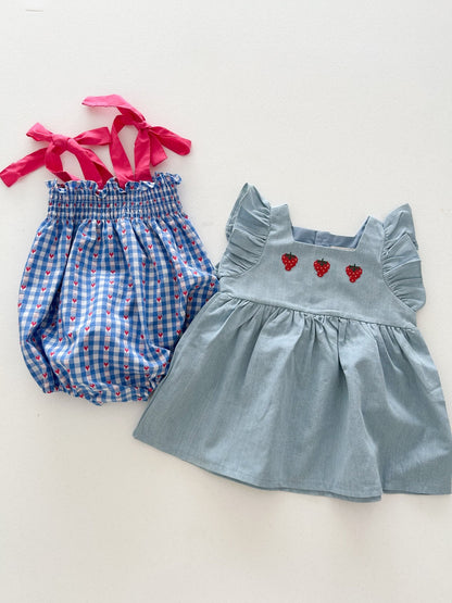 Baby Milk SS26 Heart Gingham Smocked Bodice Tie Shoulder Bubble Romper (3-18m) - Blue kids outfit