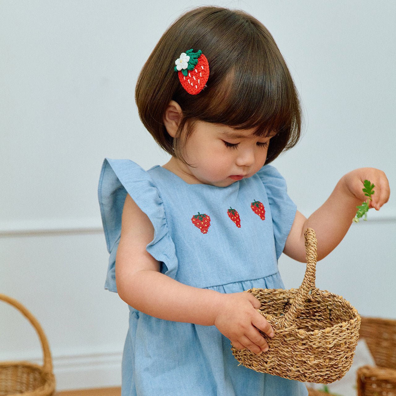 Baby Milk SS26 Strawberry Embroidery Ruffle Sleeve Bubble Denim Romper (3 - 18m) - Light Denim kids outfit