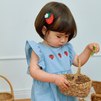 Baby Milk SS26 Strawberry Embroidery Ruffle Sleeve Bubble Denim Romper (3 - 18m) - Light Denim kids outfit