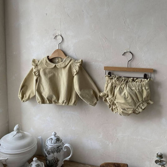 Baby Mon Corduroy Ruffle Shoulder Top and Bloomer Shorts Set (6 - 22m) - Yellow Cream kids outfit