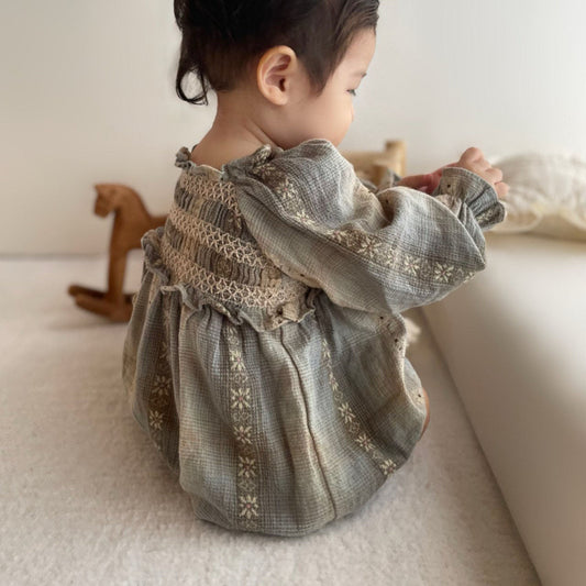 Baby Monbebe F25 Floral Embroidered Check Smocked Bodice Romper (3 - 24m) - Mint kids outfit