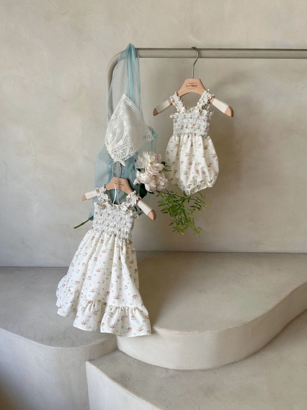 Baby Monbebe Floral Smocked Bodice Blue Stitch Romper (3 - 24m) - Floral Ivory kids outfit