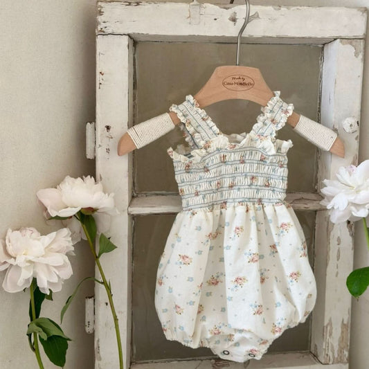 Baby Monbebe Floral Smocked Bodice Blue Stitch Romper (3 - 24m) - Floral Ivory kids outfit