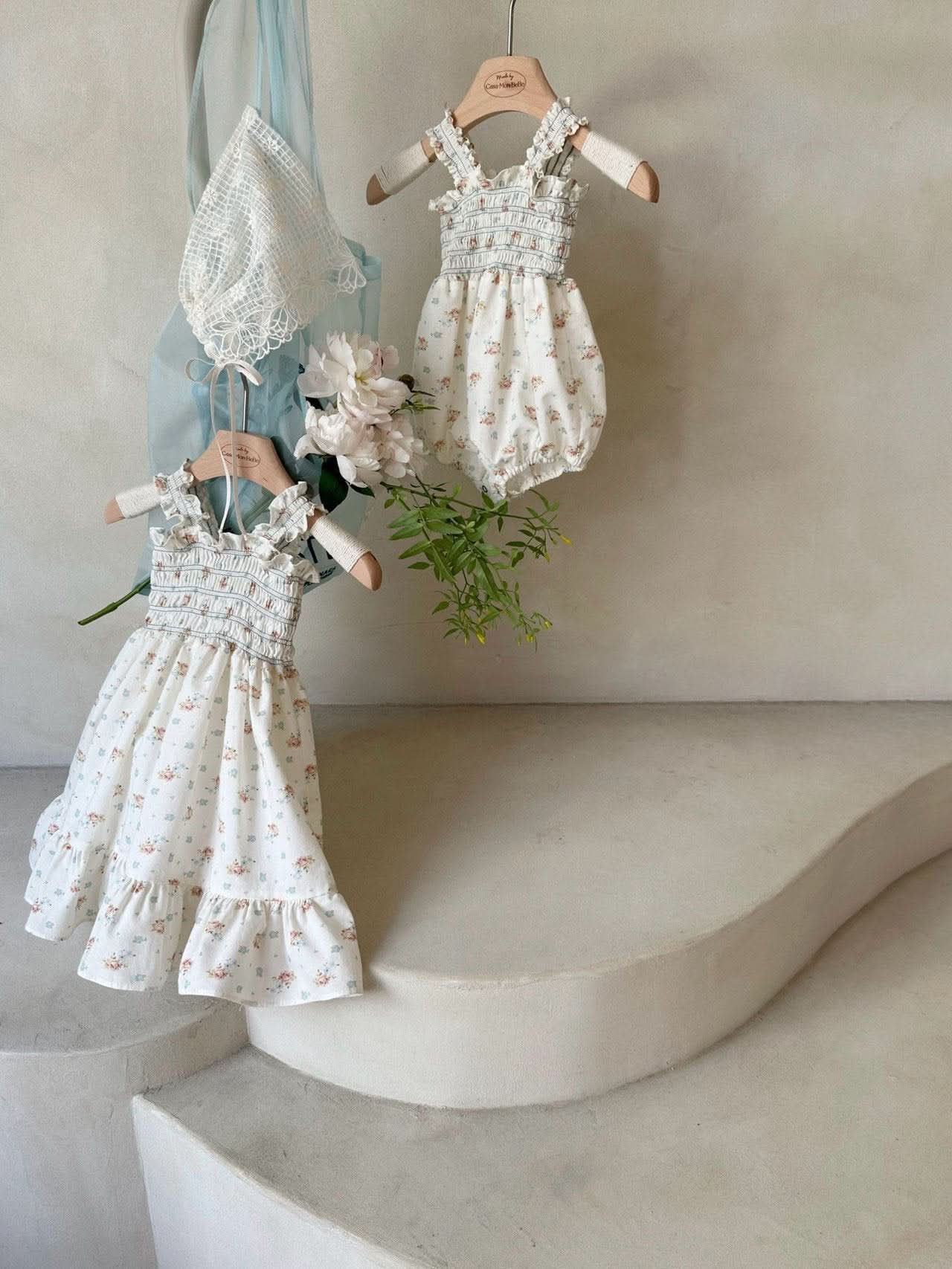 Baby Monbebe Floral Smocked Bodice Blue Stitch Romper (3 - 24m) - Floral Ivory kids outfit
