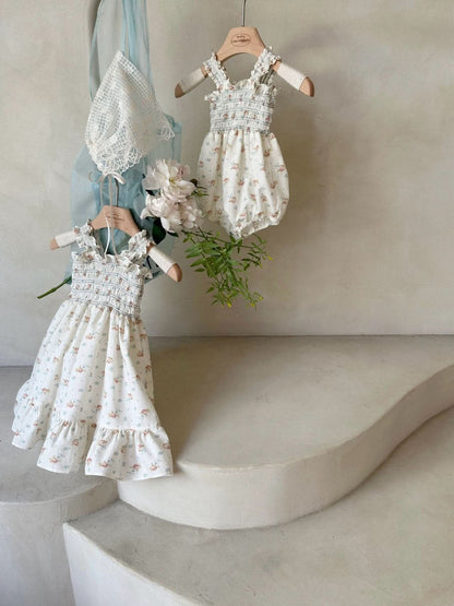 Baby Monbebe Floral Smocked Bodice Blue Stitch Romper (3 - 24m) - Floral Ivory kids outfit