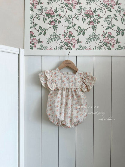Baby Monbebe Ruffle Short Sleeve Bubble Romper (3 - 24m) - Orange Floral kids outfit