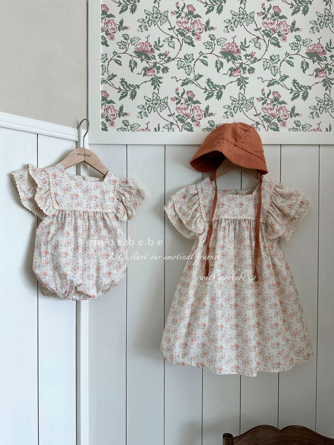 Baby Monbebe Ruffle Short Sleeve Bubble Romper (3 - 24m) - Orange Floral kids outfit