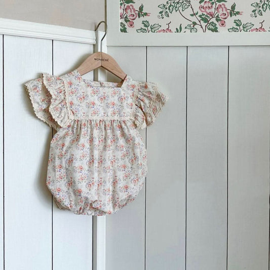 Baby Monbebe Ruffle Short Sleeve Bubble Romper (3 - 24m) - Orange Floral kids outfit