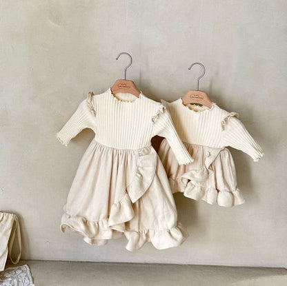 Baby Monbebe W24 Lettuce - edge Ribbed Top Ruffle Dress Romper (3 - 24m) - Cream kids outfit