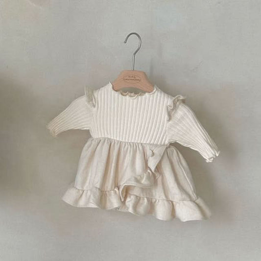 Baby Monbebe W24 Lettuce - edge Ribbed Top Ruffle Dress Romper (3 - 24m) - Cream kids outfit
