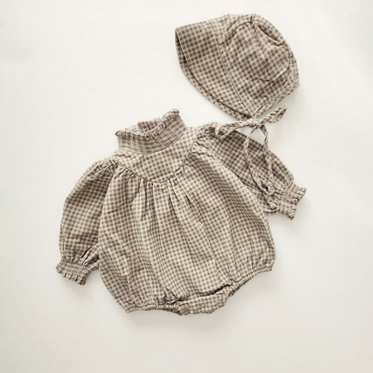 Baby Nunu Fleece - Lined Gingham Corduroy Romper and Bonnet Set (3 - 18m) - Beige kids outfit