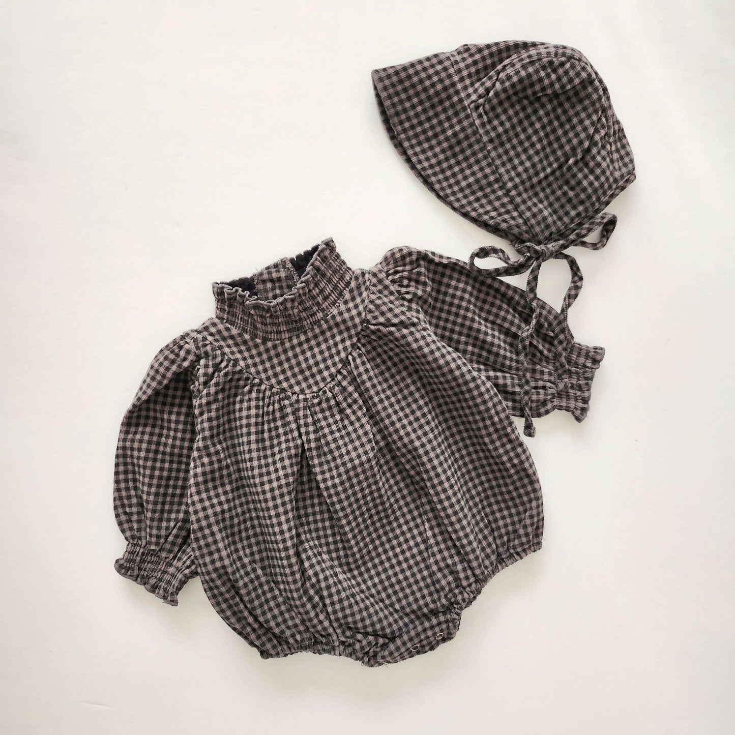 Baby Nunu Fleece - Lined Gingham Corduroy Romper and Bonnet Set (3 - 18m) - Grey kids outfit