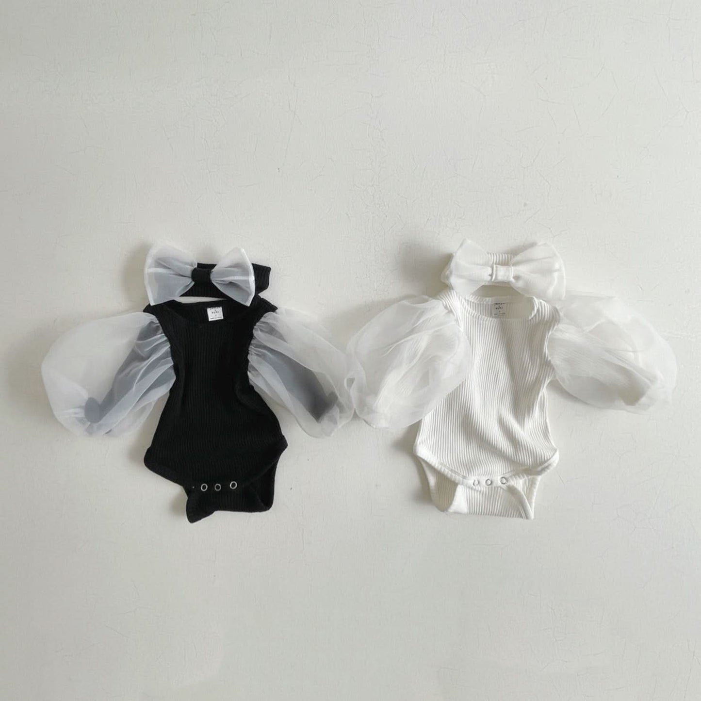 Baby Organza Puff Sleeve Rib Romper and Headband Set (3 - 24m) - Cream kids outfit