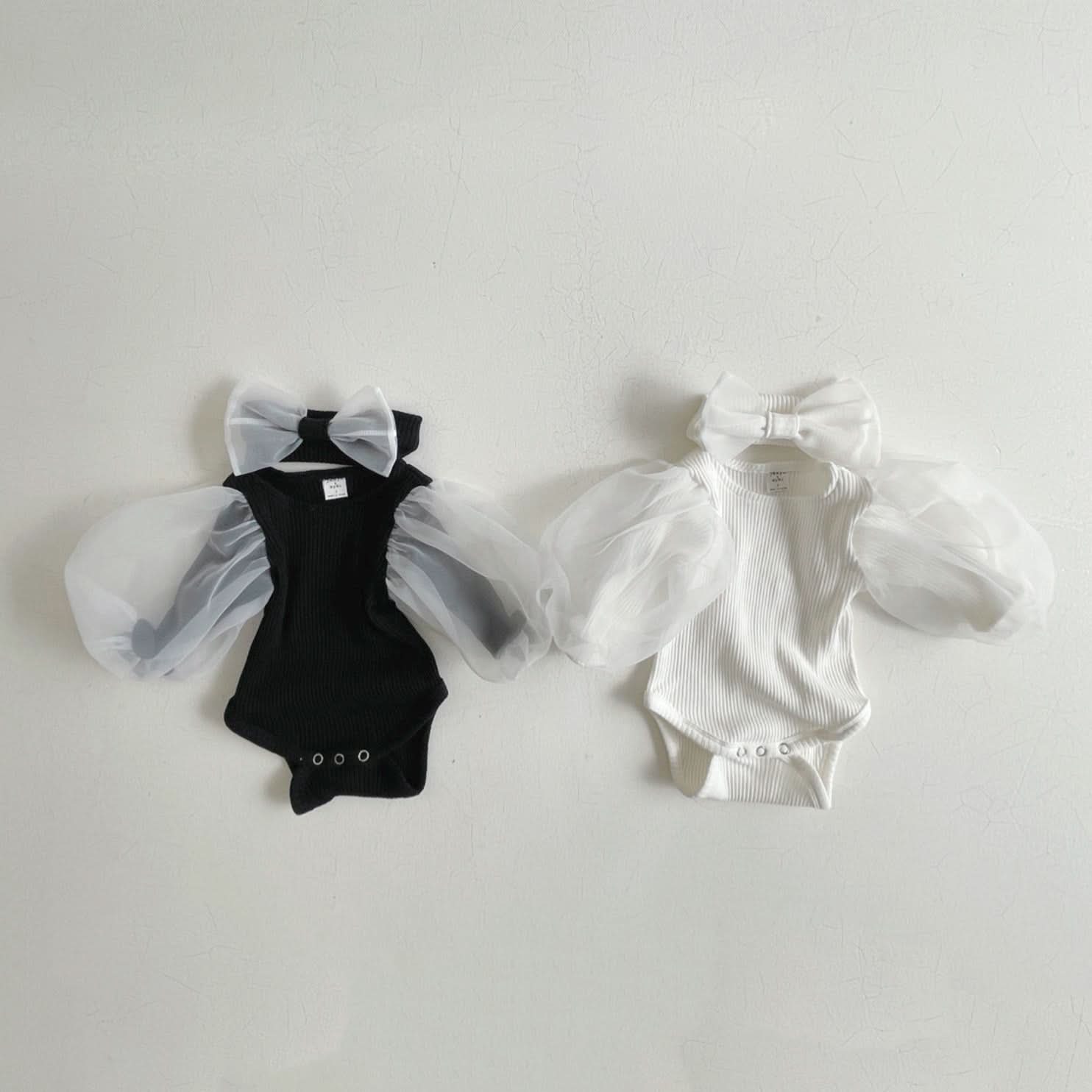 Baby Organza Puff Sleeve Rib Romper and Headband Set (3 - 24m) - Cream kids outfit