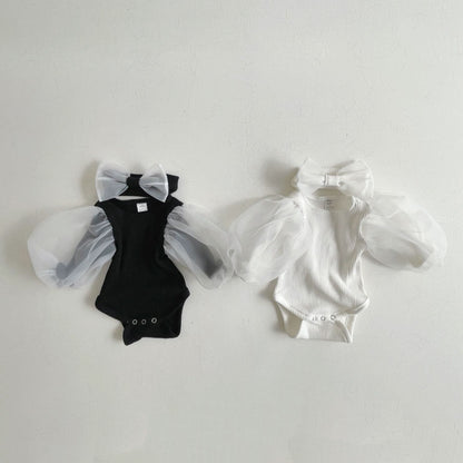 Baby Organza Puff Sleeve Rib Romper and Headband Set (3 - 24m) - Cream kids outfit