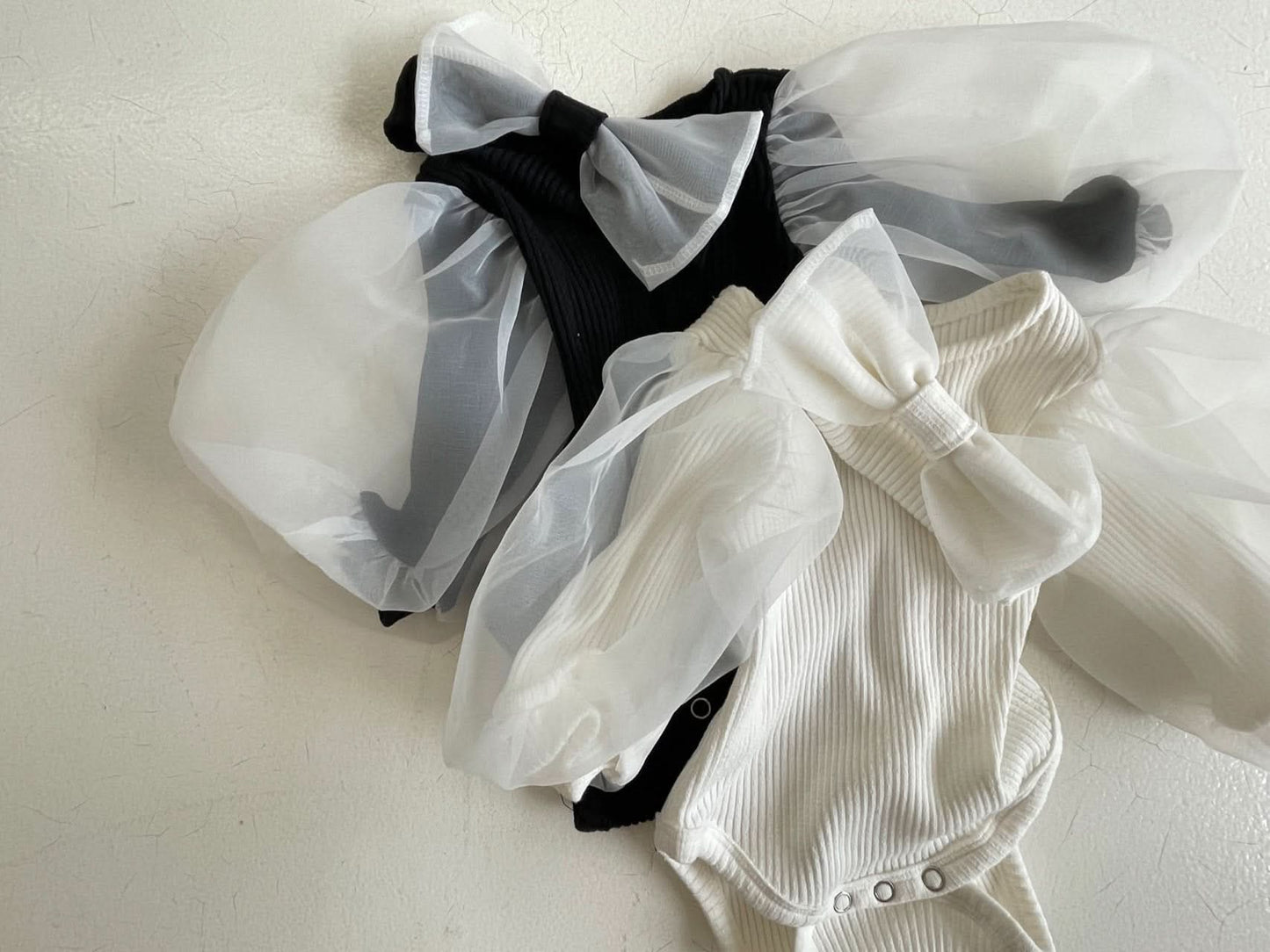 Baby Organza Puff Sleeve Rib Romper and Headband Set (3 - 24m) - Cream kids outfit