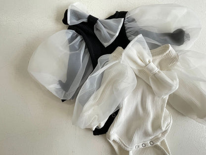 Baby Organza Puff Sleeve Rib Romper and Headband Set (3 - 24m) - Cream kids outfit