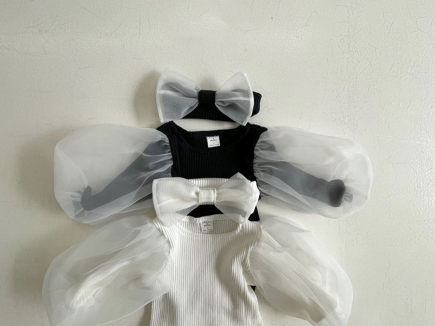 Baby Organza Puff Sleeve Rib Romper and Headband Set (3 - 24m) - Cream kids outfit