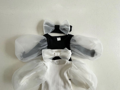 Baby Organza Puff Sleeve Rib Romper and Headband Set (3 - 24m) - Cream kids outfit